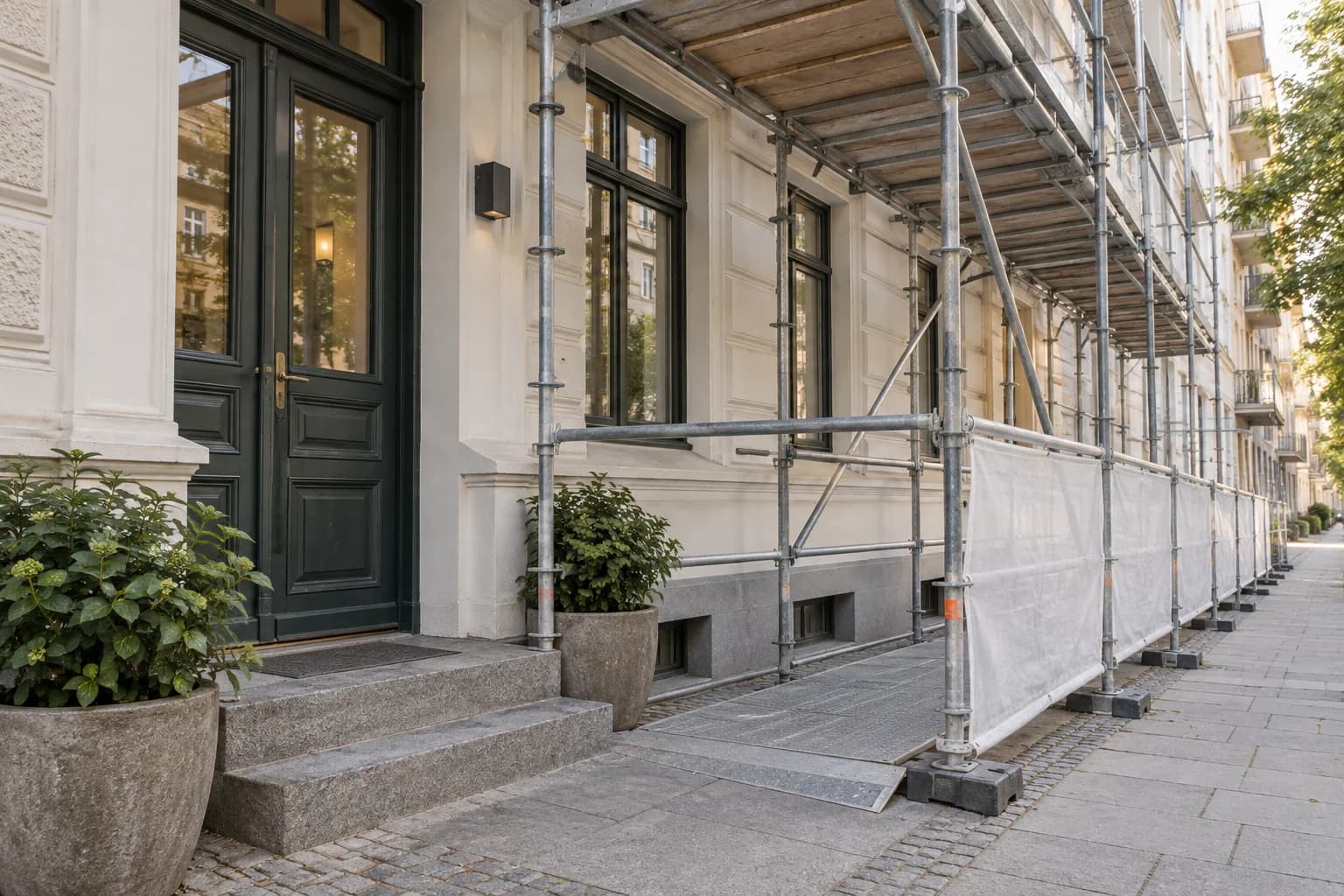 Illustrert stillas langs en bygård med innganger